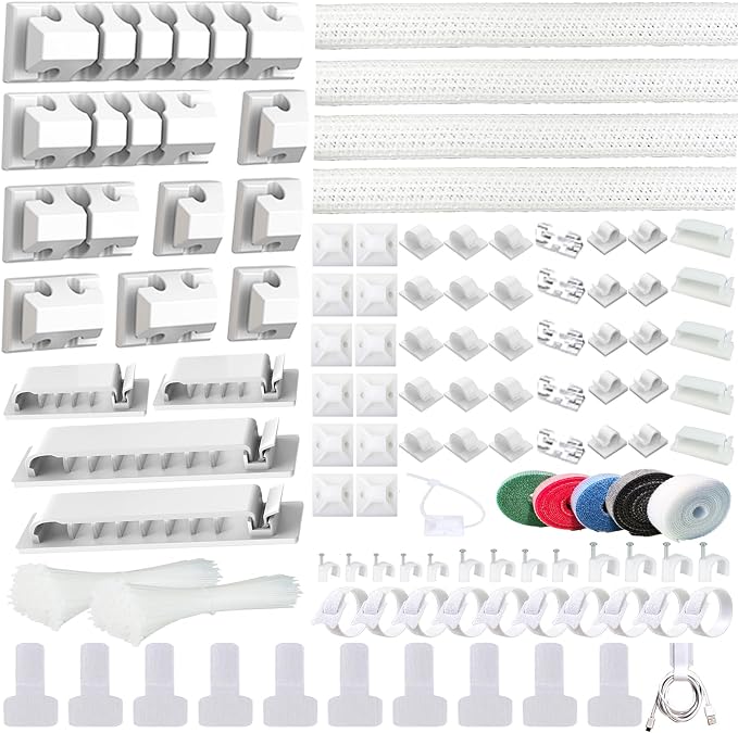 ELII 327PCS White Cable Management Kit 4 Cable Cable Sleeves, 65 Cable Clips with 13Cord Holders,20+5Roll Cable Organizer Straps,200 Fastening Cable Ties,20 Cable Zip Tie Mounts for Computer (White) by OfficeArtCraftsProducts