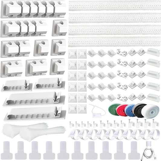 ELII 327PCS White Cable Management Kit 4 Cable Cable Sleeves, 65 Cable Clips with 13Cord Holders,20+5Roll Cable Organizer Straps,200 Fastening Cable Ties,20 Cable Zip Tie Mounts for Computer (White) by OfficeArtCraftsProducts