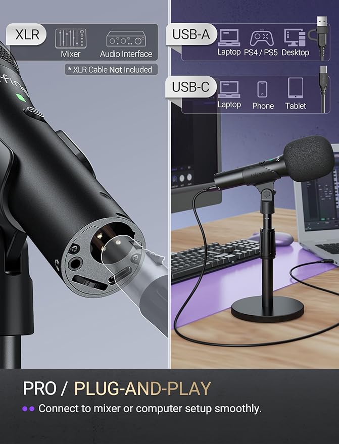 FIFINE USB/XLR Dynamic Microphone for Podcast Recording, Studio Handheld Mic Set with Desktop Stand for Vocal, Voice Over, Streaming, Black-AmpliTank TANK2