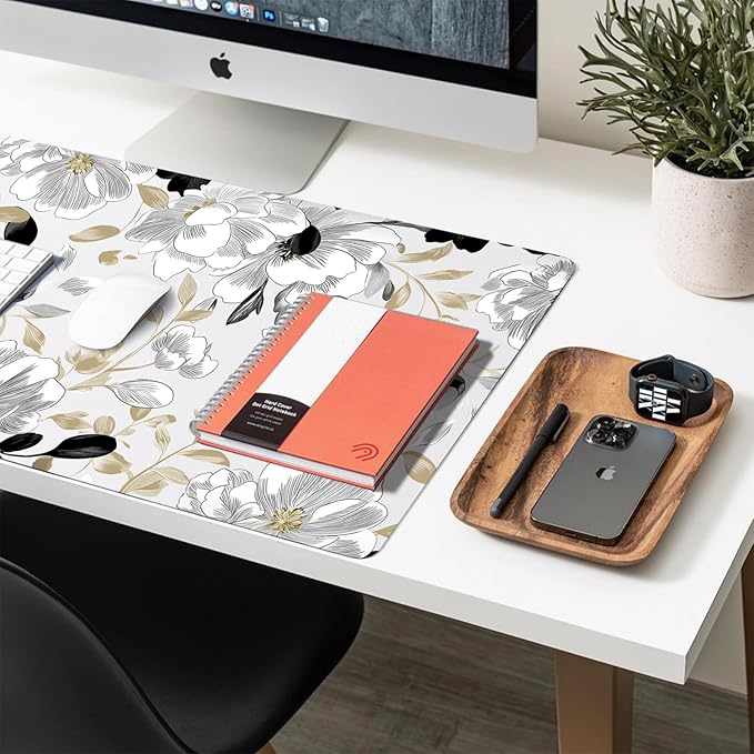 Large Mouse Pad, Black White Floral Desk Mat for Desktop, Women Girls Flowers PU Leather Waterproof Desk Pad, Computer PC Laptop Protector Gaming Mouse Pads for School Office Home (27.5" x 13.8")