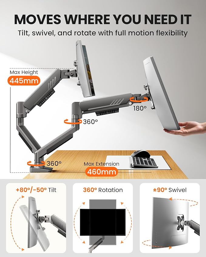 ErGear Dual Monitor Arm, Full Adjustable Monitor Mount for 17–34″ Screens, Fast Install Computer Monitor Stand with Tool-Free VESA Mount, Max Load 19.8 lbs, Max VESA 100x100mm - Grey