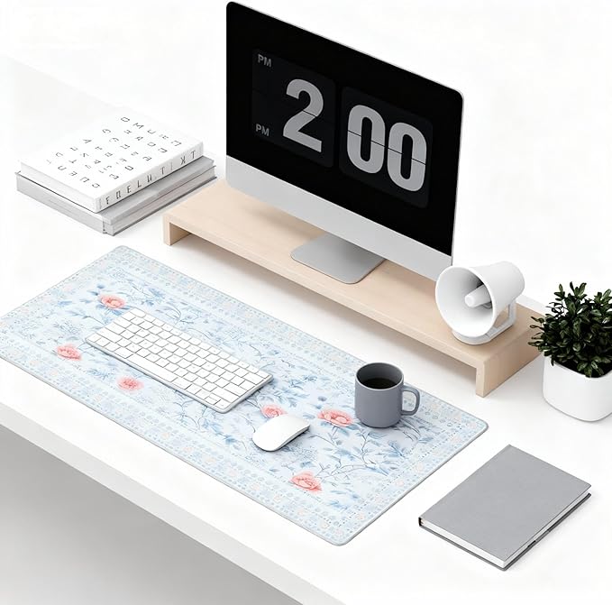 Blue Floral Pattern Mouse Pad XXL Large Anti-Slip Stitched Edges Desk Mat for Women, Home Office Computer Keyboard Desk Pad Mat Cute Aesthetic Office Supplies & Decor