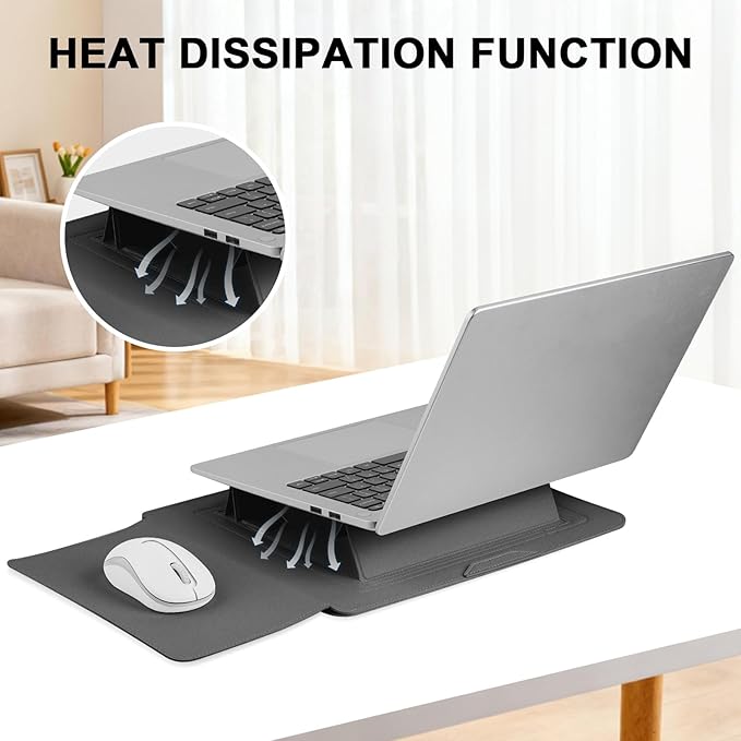 HoYiXi 15.6" Laptop Sleeve Case PU Leather with Stand Compatible with MacBook Pro 16/15.4'' MacBook Pro 15, Mac Air 15/ Dell, Matebook,Asus,15-16'' Laptop Bag,(Patent Pending),Gray