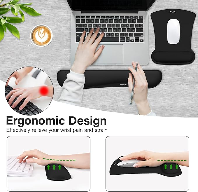 MOSISO Wrist Rest Support for Mouse Pad & Keyboard Set, Ergonomic Mousepad Non-Slip Base Home/Office Pain Relief & Easy Typing Cushion with Neoprene Cloth & Raised Memory Foam, Black