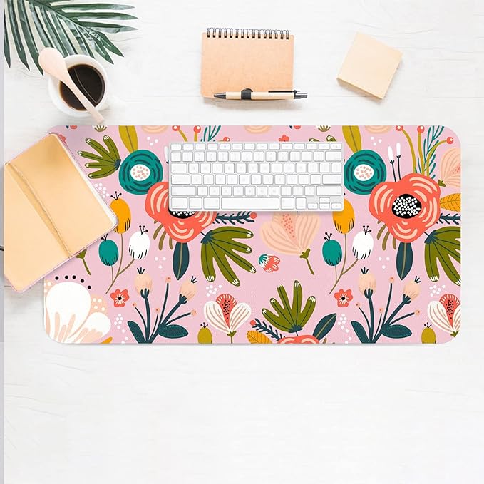 Desk Mat Large Protector Pad 23.6" ×11.8", Non-Slip PU Leather Desk Blotter, Waterproof Mouse Pad for Office Home Pink Floral