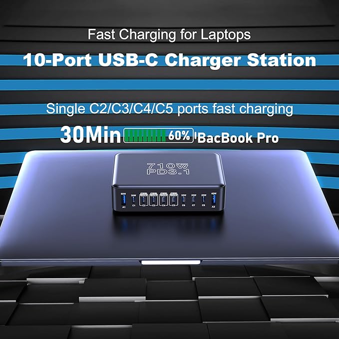 CHIPOFY 710W USB C Charging Station, 10-Port Dual PD3.1 140W QC3.0 60W GaN Laptop Fast Charger Block for MacBook Pro/Air, iPad, iPhone 17 16 Pro Max, Galaxy S25/ S24 and More