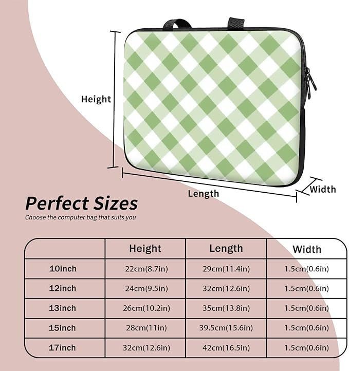 Laptop Sleeve Case Bag 15 inch, Green and White Checkered Slim Carrying Case Handbag Travel Laptop Bag for 15 inch MacBook Air M3/M2/15 Pro/Surface Laptop 7/6/5/4/3/ Dell XPS 15 Plus