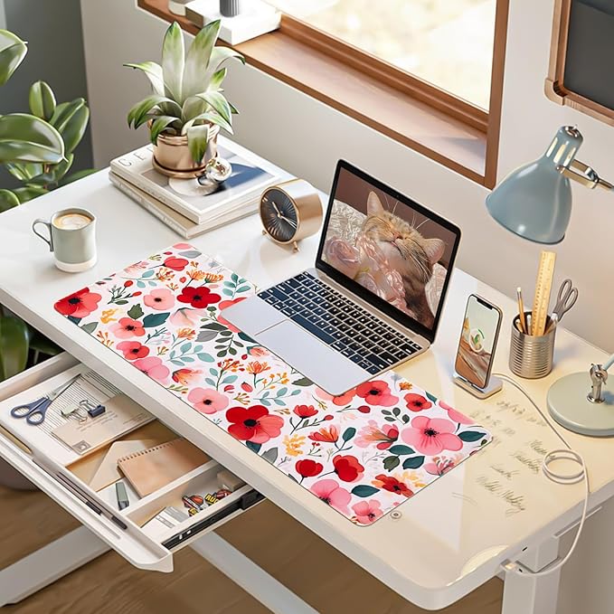 Floral Desk Mat, Desk Matt for Desktop Non-Slip, Large Mouse Pad with Stitched Edges, XL Computer Desk Mat for Women Office Decor (Red, 31.5" x 15.7")