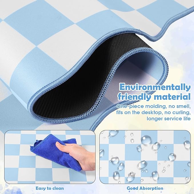 1 Pcs Blue Scalloped Checkered Desk Mat 31.5 x 11.8 Inch Large Cute Mouse Pad Computer Mat Non Slip Waterproof Rubber Base with Border Stitching Soft Keyboard Pad for Home Office Gaming Makeup