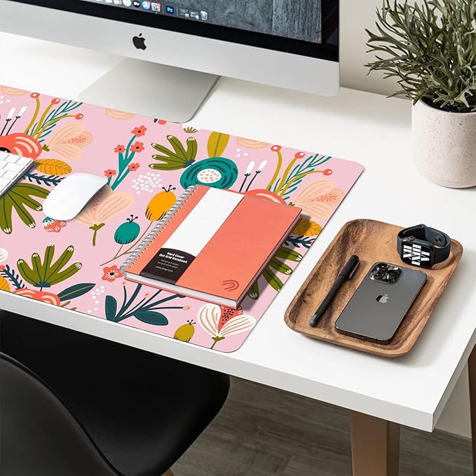 Desk Mat Large Protector Pad 23.6" ×11.8", Non-Slip PU Leather Desk Blotter, Waterproof Mouse Pad for Office Home Pink Floral