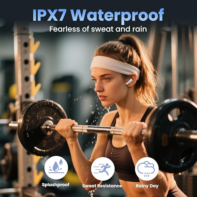 Wireless Earbuds, Bluetooth Headphones with Deep Bass Stereo, 48H Playback Ear Buds with LED Power Display, Lightweight, IPX7, in-Ear Earphones with Mic for iPhone/Android/iPad, White