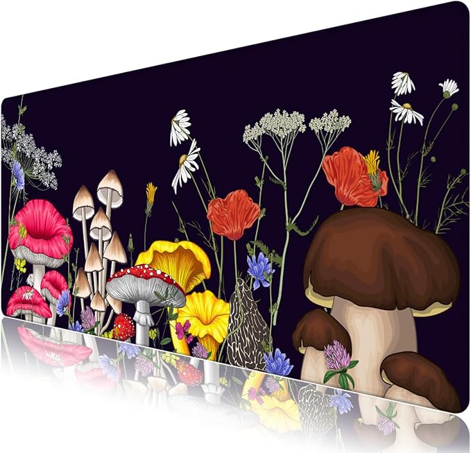 Desk Matt for Desktop, Desk Pad Mat, Mouad Pad for Keyboard and Mouse, XXL Large Mouse Pad for Desktop, Anti-Slip Big Mousepad with Stitched Edges, Mouse Mat for Computer Laptop, Mushroom Wildflower