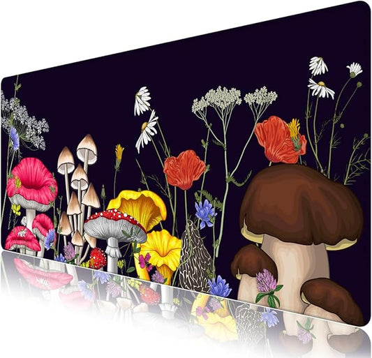 Desk Matt for Desktop, Desk Pad Mat, Mouad Pad for Keyboard and Mouse, XXL Large Mouse Pad for Desktop, Anti-Slip Big Mousepad with Stitched Edges, Mouse Mat for Computer Laptop, Mushroom Wildflower