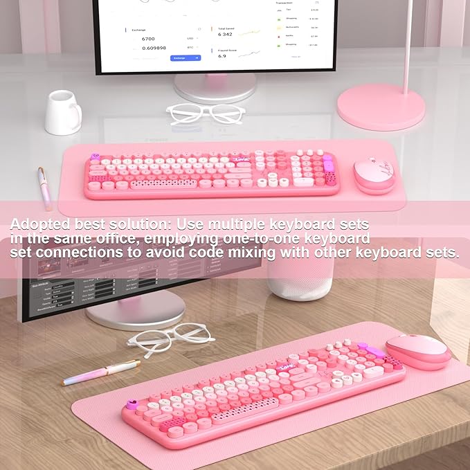 Wireless Keyboard and Mouse,MOFII 104 Round Keys Lovely Full-Size Cute Colorful Keyboard and Mouse with Retro Typewriter for PC/Mac/Laptop/Tablet/Computer/Windows Pink