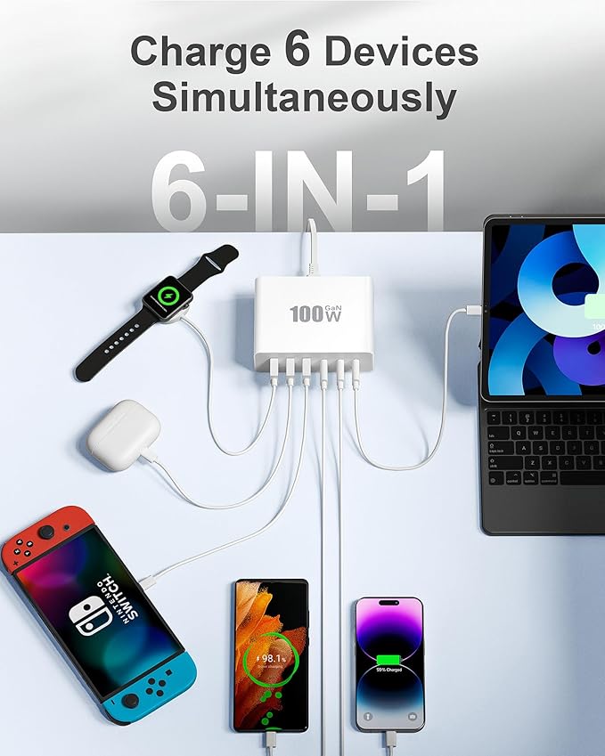 USB C Charger Block, 100W GaN Fast Charging Blocks USBC Charger 6 Port Charging Station Hub Brick Cube, USB-C Wall Charger Type C Adapter Plug for iPhone 16 15 14 13 12 11 Pro Max, Samsung, 5FT Cord