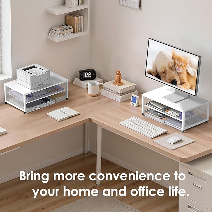 ECOLOVI 2-Tier Computer Monitor Stand Riser, Desk Organizer for Monitor, Printer & Laptop Stand, Desktop Workspace Organizers for Office Supplies(White)