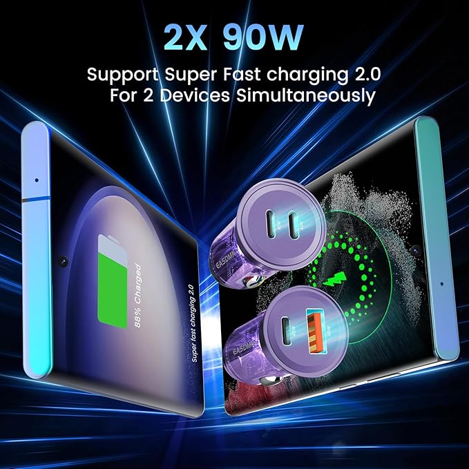 2-Pack 90W USB C Super Fast Car Charger, Dual-Port [PD/PPS 45W & QC 45W] Car Cigarette Lighter USB Charger Adaper for Samsung Galaxy S25 Ultra/S25+/S24 Ultra/S23+/S22,Note 20,Tab S9, iPhone 15(Violet)