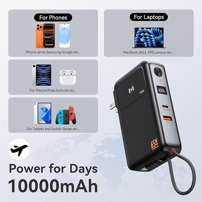 Selore&S-Global 3-in-1 Portable Phone Charger with Wall Plug, 10000mAh USB-C Power Bank with Built in Cable, 35W Portable Battery Pack for iPhone Samsung Android & 65W Wall Charger for Laptop MacBook