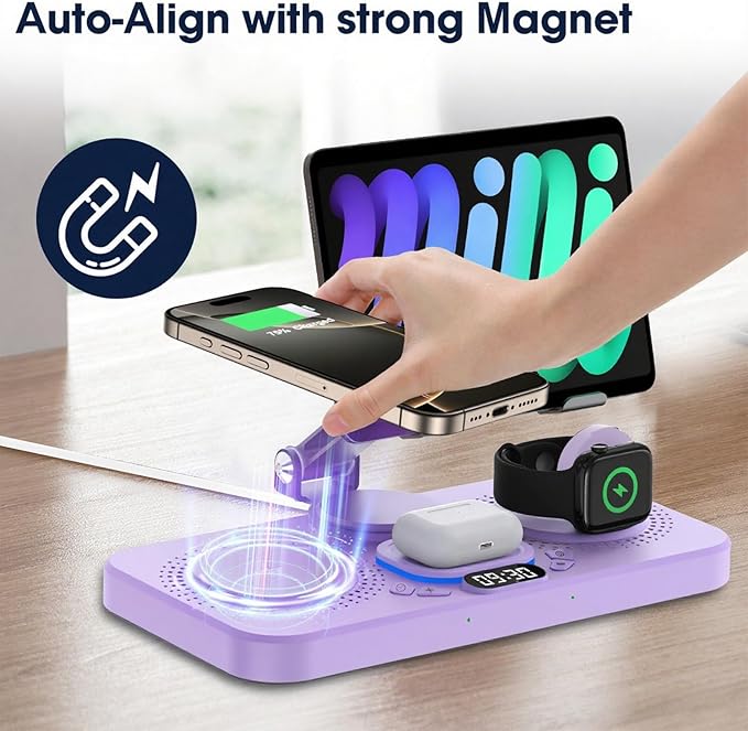 30W Charging Station for Apple Products, Foldable Wireless Charger with Clock Display&7 Color Light, Wired Charging for iPad/Tablet Charging Station for iPhone17, for Apple Watch11 for AirPods4(Purple