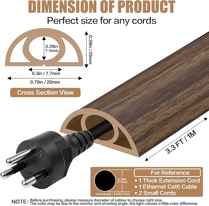 Floor Cord Cover Self Adhesive Cord Hider,3.3FT Cable Management, Extension Strip Protector for Wires, Prevent Cable Trips for Offices, Gyms, Exhibitions Cavity:0.3"(W) x 0.28"(H) Wood Walnut - Image 2