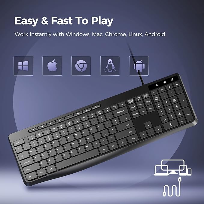 Wired Keyboard,Quiet Keyboard, Multimedia USB Computer Keyboard, Silent Keyboardwith Low Profile Chiclet Keys,Large Number Pad,Spill-Resistant,Anti-Wear Letters,Full Size for Laptop,Desktop