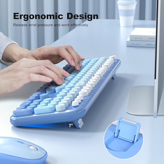 Wireless Keyboard Mouse Combo, Typewriter Full Size Keyboard with Number Pad and 2 in 1 USB Connected Mouse for PC Computer Laptop Desktop Windows 7 8 10 11 (Blue Colorful)
