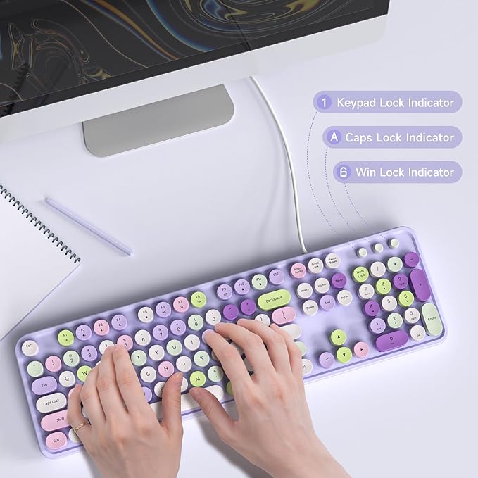 Wired Keyboard, 104 Keys Full-Sized Typewriter Keyboards, USB Office Keyboard with Number Pad, Caps Indicators, Foldable Stands for Windows, PC, Laptop, Desktop (Purple Colorful)