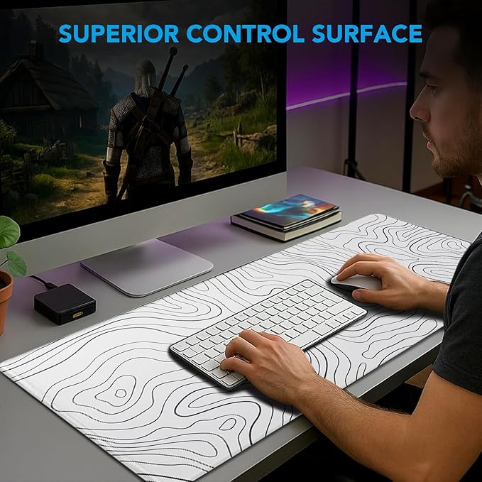 Gaming Mouse Pad, Large Pad with Non-Slip Rubber Base, Waterproof Mousepad with Stitched Edges, XXL Computer Long Keyboard Mouse Mat for Gamer, Office & Home, 31.5" x 15.7", White Black Lines