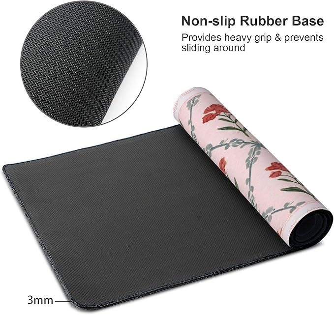 Pink Floral XXL Desk Mat - Extra Large Anti-Slip Mouse Pad with Stitched Edges for Women, Office & Home, Computer Keyboard Mat for Desk, Cute Aesthetic Office Supplies & Decor for Women