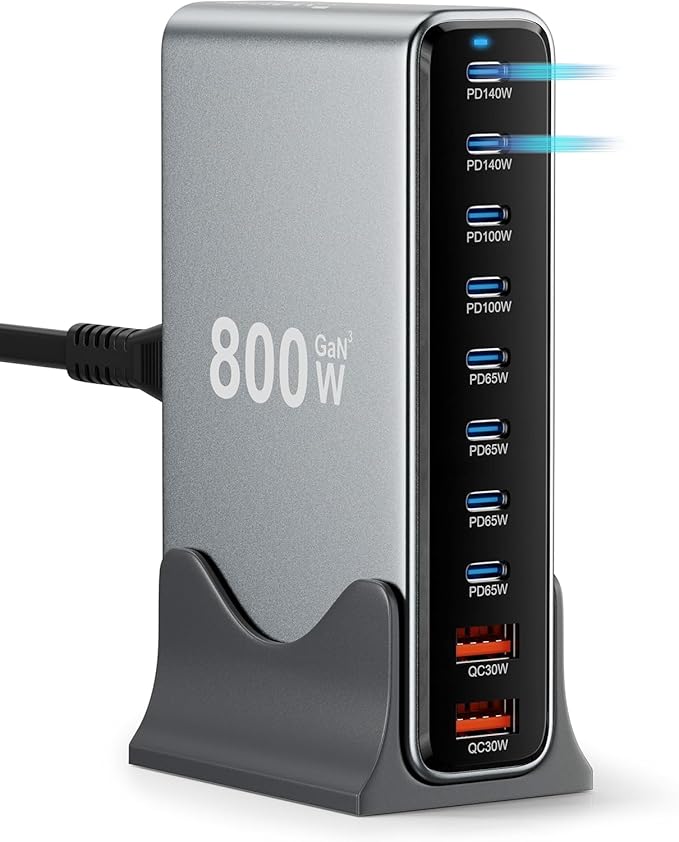 800W USB C Fast Charger Block, 10 Port USB Charging Station，GaNⅢ Desktop Charger Block, Charging Station Hub，PD 3.1/QC 5.0，for All iPad iPhone 17/16Pro Max/DELL HP MacBook pro, Samsung Galaxy Note
