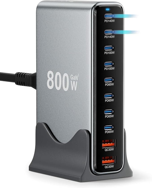 800W USB C Fast Charger Block, 10 Port USB Charging Station，GaNⅢ Desktop Charger Block, Charging Station Hub，PD 3.1/QC 5.0，for All iPad iPhone 17/16Pro Max/DELL HP MacBook pro, Samsung Galaxy Note