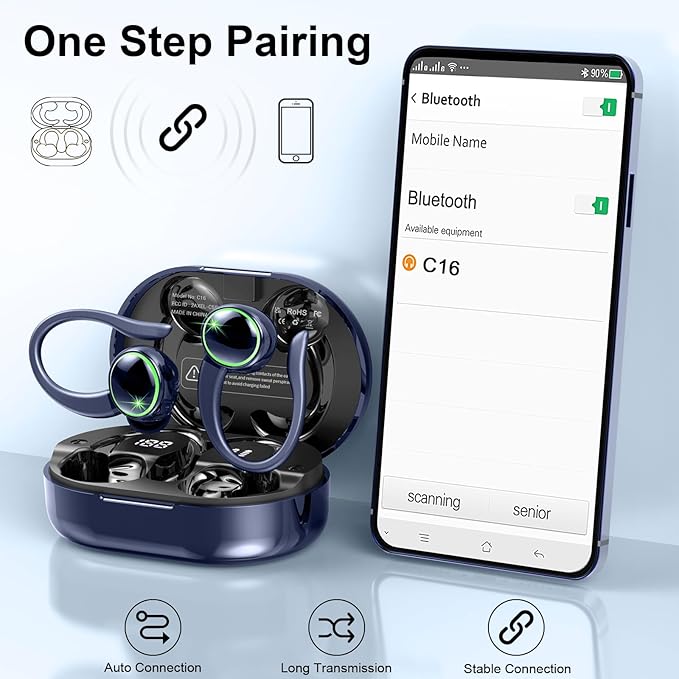 Wireless Earbuds, Bluetooth 5.4 Headphones Sports, 50H Playback Over-Ear Buds with ENC Noise Cancelling Mic, Deep Bass Fitness Earphones with Earhooks, IP7 Waterproof Headset for Running, Blue