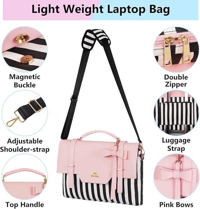 MATEIN Laptop Bag for Women, 15.6 inch Slim Computer Briefcase Sleeve Case, Lightweight Cute Girly Messenger Shoulder Carrying Work Tote Bag with Rfid Pocket, Sister Gifts for School Girl Office, Pink