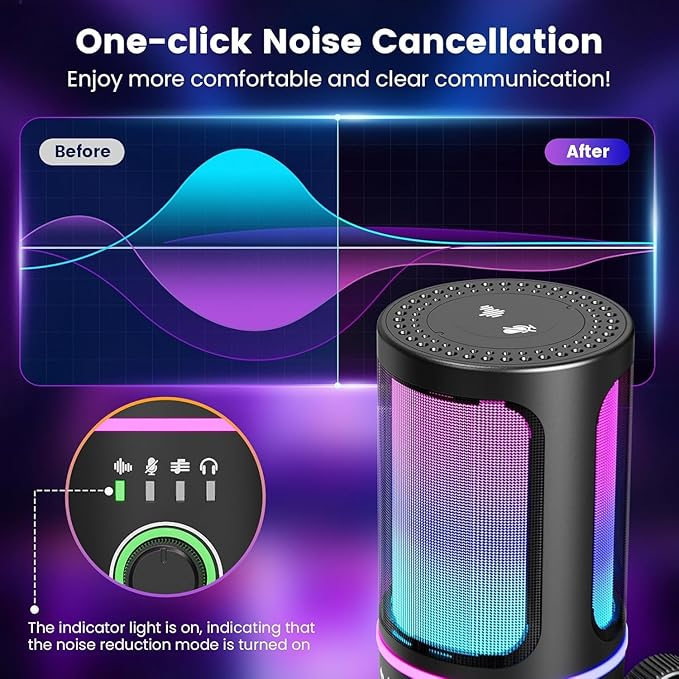 SINWE Gaming Microphone with Noise Cancelation & Gain Control- USB PC Mic for Streaming, Gaming, Podcasts, PC, PS4 -Includes Pop Filter, Shock Mount, Quick Mute & RGB Lighting