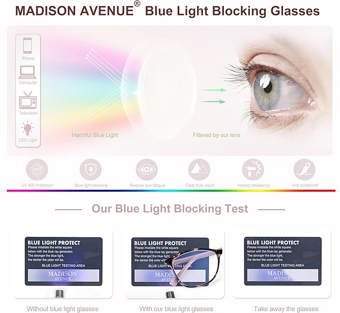 Madison Avenue Blue Light Blocking Glasses Anti Eyestrain UV Glare Blue Light Glasses for Women with Case, TV Phone Computer Gaming Eyeglasses (Pink Demi)
