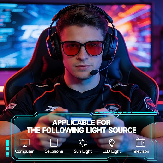 Blue Light Blocking Glasses for Gaming & Computer, Anti Eyestrain Red Tinted Lens Blue Blockers for Men & Women, Lightweight TR90 Large Frame Sleep Glasses to Relieve Fatigue & Dry Eyes