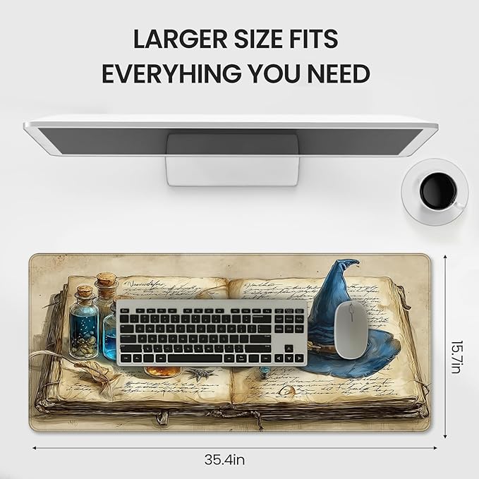 Large Gaming Mouse Pad, Wizard Spellbook Design, 35.4 x 15.7 Inches, Extended Desk Mat
