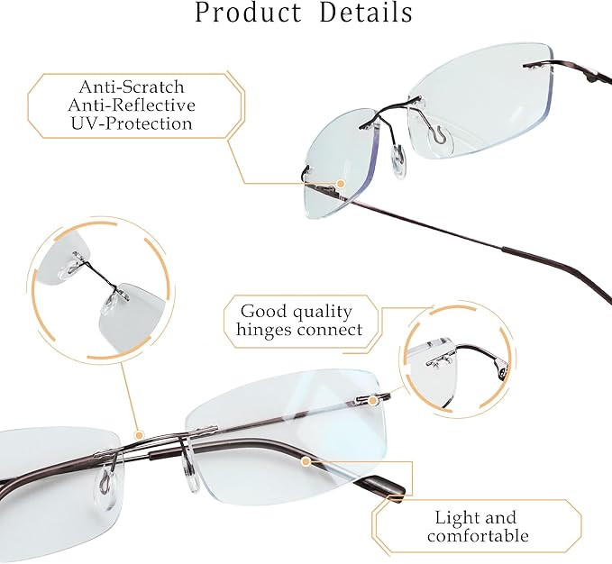 LifeArt Blue Light Blocking Computer Reading Glasses,Men's and Women's Rimless Frame (Brown, +1.00 Magnification)