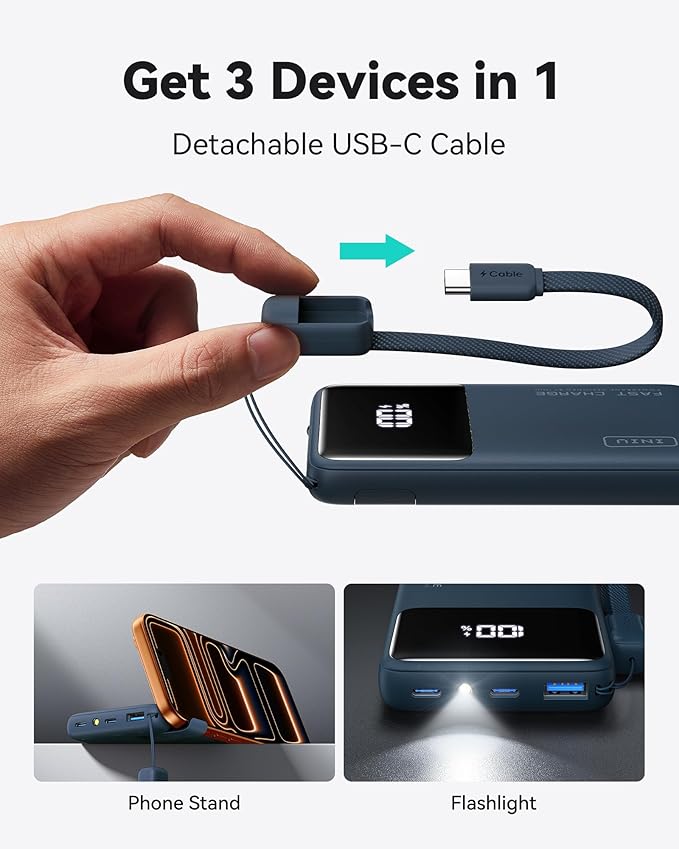 INIU Small Portable Charger, 45W PD Fast Charging 10000mAh Power Bank, Battery Pack with Attached USB C Cable, Travel Essentials Powerbank for iPhone 17 16 15 14 Pro Air, Xiaomi, Samsung S25, Blue