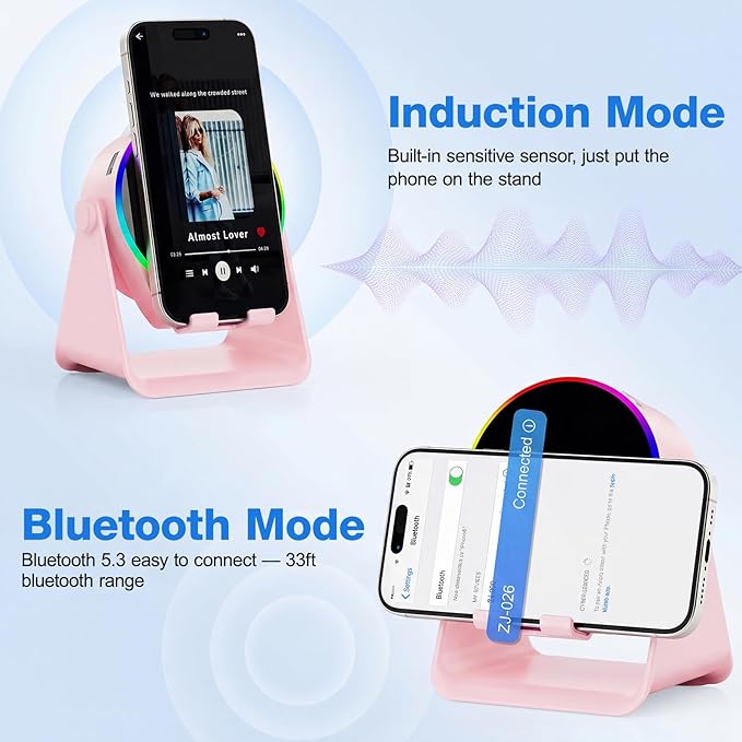 TARKARI Wireless Induction Speaker, 5 in 1 Bluetooth Speaker with 360 Rotation Cell Phone Stand and Colorful Ambient Light, Compatible with iPhone iPad Android Tablet, Birthday Gifts for Women Men