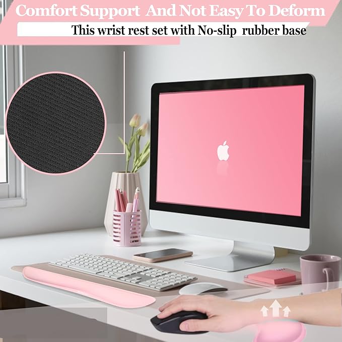 BamLue Upgrade Silky and Superfine Fabric Keyboard Wrist Rest, Gel Mouse Wrist Pillow Pad Set for Easy Typing & Pain Relief for Laptop, Office & Home, Ergonomic Sets for Keyboard-Pink