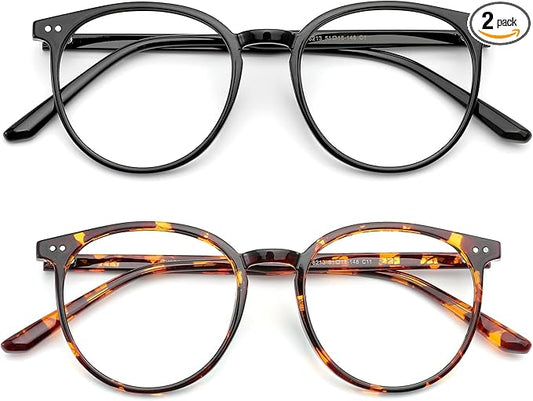 2 Pack Blue Light Blocking Glasses for Women and Men, Round Frame Computer Gaming Anti Eyestrain & UV Glare RF6213 (Black + Coco Tortoise)