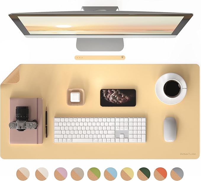 RENMTURE Dual-Sided Large Desk Pad, Faux Leather Natural Cork Mouse pad, Desk Accessories Protector, for Office and Home Work (Light Yellow, 36"x17")