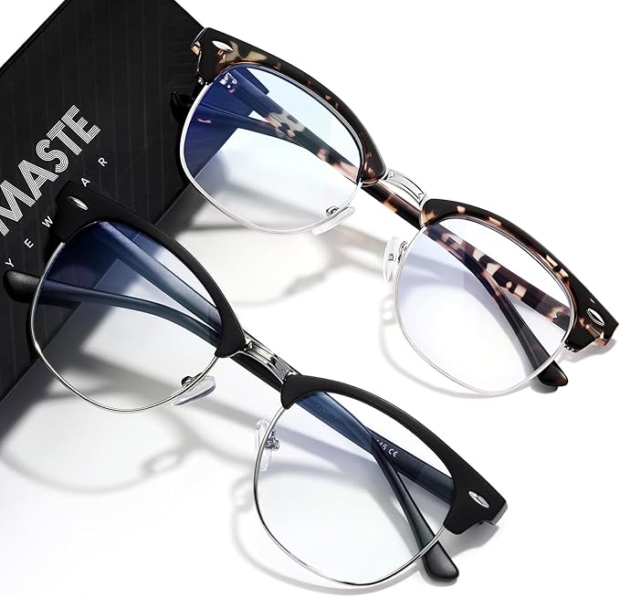 Blue Light Blocking Glasses Vintage Half Frame UV Clear Lens Anti Eyestrain Computer Gaming Glasses for Women Men (E-matte Black Silver+-leopard Silver)