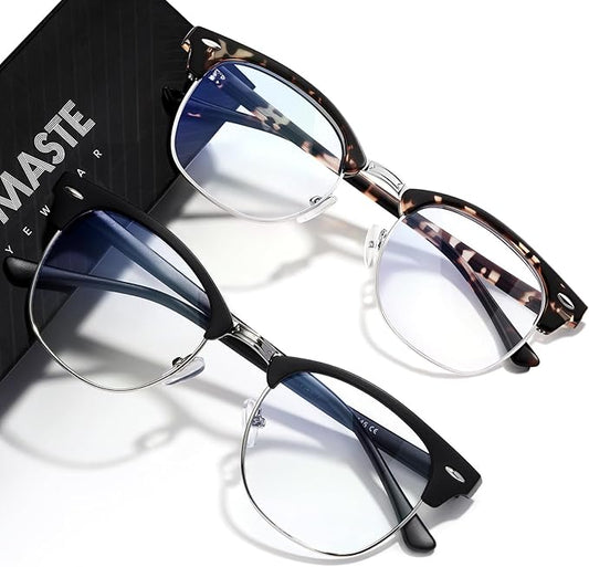 Blue Light Blocking Glasses Vintage Half Frame UV Clear Lens Anti Eyestrain Computer Gaming Glasses for Women Men (E-matte Black Silver+-leopard Silver)