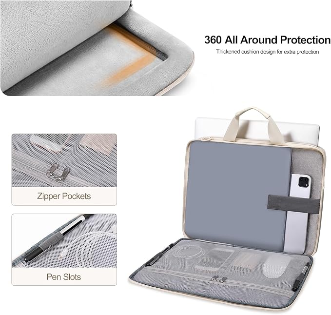 MOSISO 360 Protective Laptop Shoulder Bag, 13-13.3 inch Double Layer Fluffy Padded Laptop Bag with Anti-theft Zipper Compatible with MacBook, HP, Dell, Lenovo, Asus Notebook, Sand