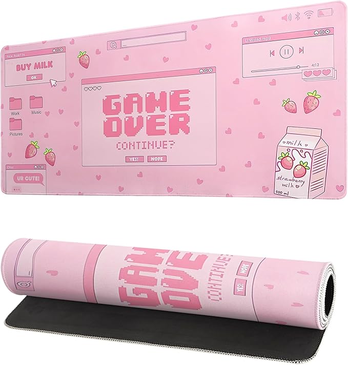 Pink Gaming Mouse Pad 27.6x11.8 Inch Pastel Game Over Large Mousepad Kawaii Office Decor for Women Non-Slip Rubber Base Stitched Edges Keyboard Mouse Mat Desk Pad for Office Home and Game