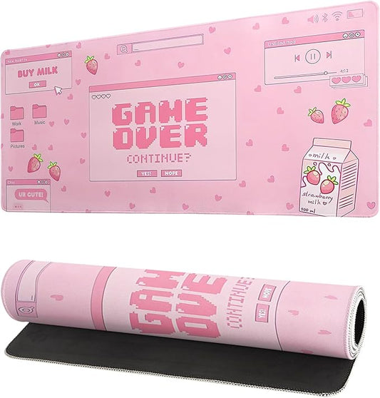 Pink Gaming Mouse Pad 27.6x11.8 Inch Pastel Game Over Large Mousepad Kawaii Office Decor for Women Non-Slip Rubber Base Stitched Edges Keyboard Mouse Mat Desk Pad for Office Home and Game