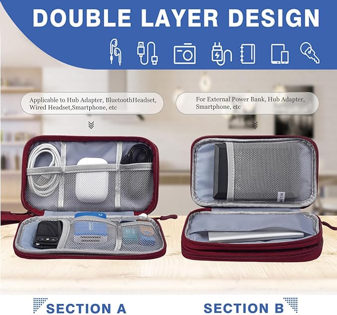 Electronic Cord Organizer Travel Case, Travel Cable Organizer Bag, Waterproof Electronic Accessories Carry Pouch for Cable, Cord, USB, Charger, Phone, Power Bank, Earphone (Wine Red, Medium)