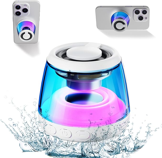 Magnetic Bluetooth Speaker,Wireless Induction Bluetooth Speaker,Mini Portable Cell Phone Stand for iPhone,Lanyard & RGB Night Light,or Home,Outdoors,Pool,Gift (White-1PCS)
